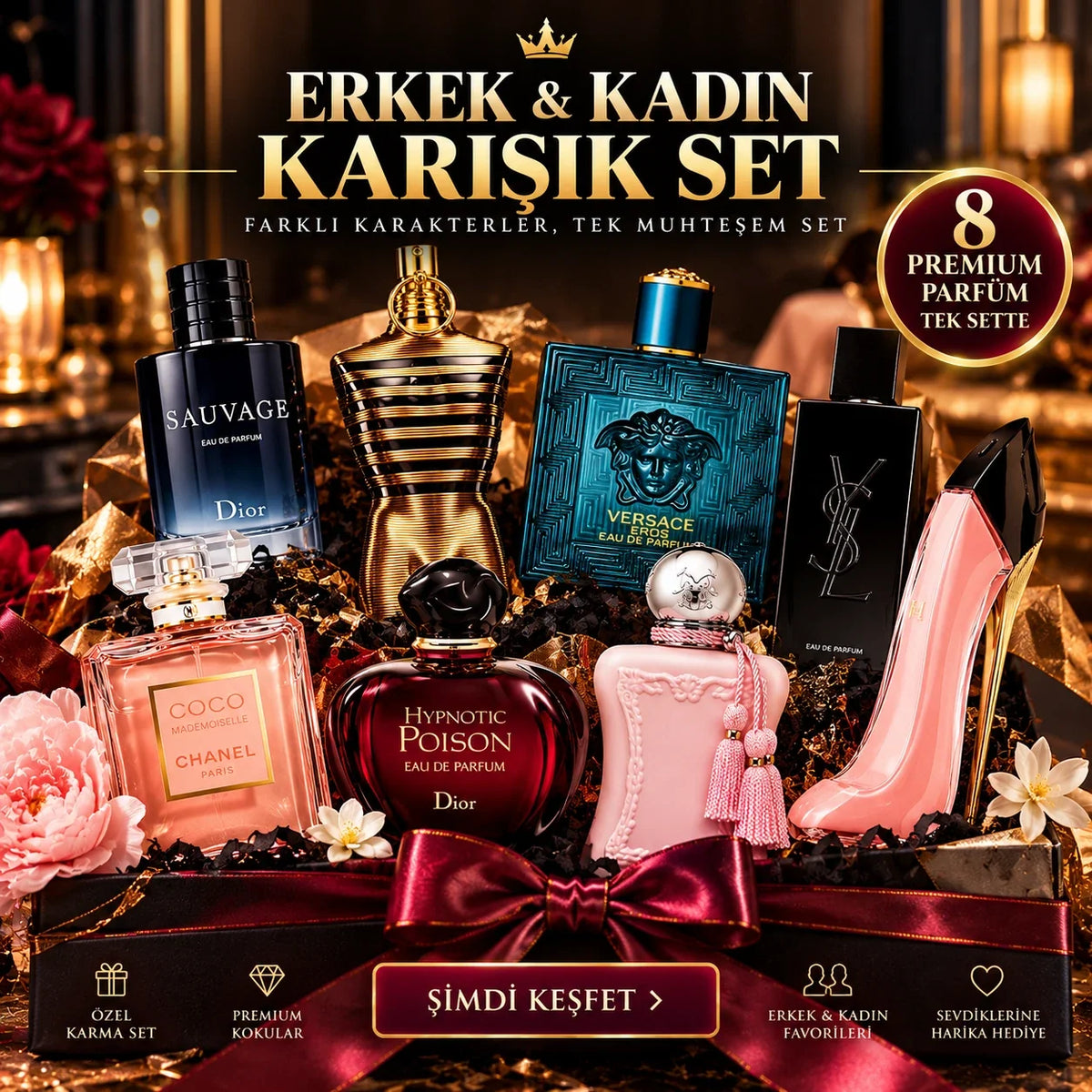 Erkek ve kadın karışık 8 premium parfüm seti